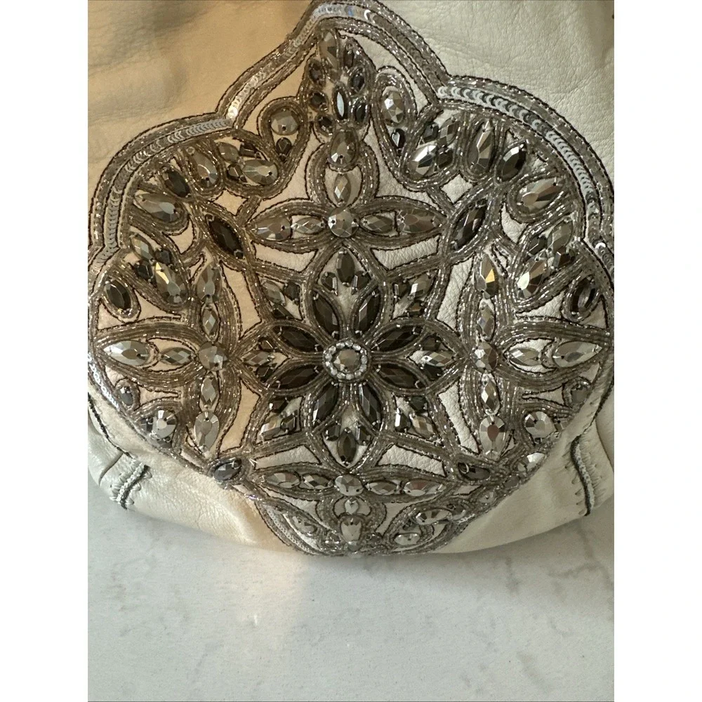 Brighton Pewter Anju Embellished Purse Jewel Masterpiece White‎ Leather Bag Hobo